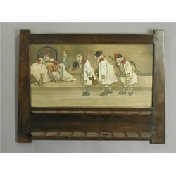 A stained beech smokers rack with a lithograph panel of Old King Cole, by Hassell, verso retai...