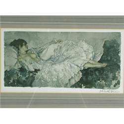 William Russell Flint SILVER FROCK reproduction in colours, signed in pencil, with Fine Art...