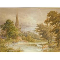 English School circa 1880 COWS WATERING BY A RIVER unsigned, watercolour, 36 x 52cm Est....