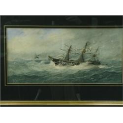 Richmond Markes TWO MEN OF WAR IN ROUGH SEAS signed, watercolour, 25 x 52cm Est. 300/400...