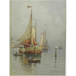 J. R. Miller FISHING BOATS AT HARBOURSIDE signed, watercolour, 20 x 12.5cm Est. 100/150...
