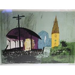John Piper A RURAL BARN WITH STEEPLED CHURCH TO THE BACKGROUND silk screen print, signed in...
