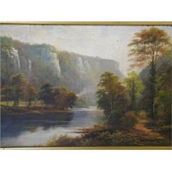 G. Willis Pryce WOODLAND PATH BY RIVER WITH MOUNTAINOUS BACKGROUND signed, oil on canvas, 1...