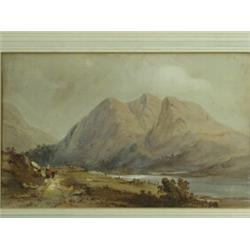 Follower of William Leighton Leitch MOUNTAIN LANDSCAPE SCENE WITH FIGURES watercolour, 19 x...