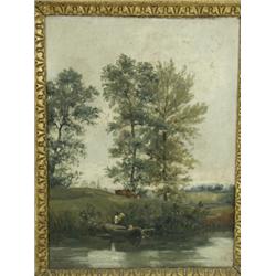 Barbizon School A RIVER LANDSCAPE WITH A FIGURE BESIDE A BOAT, CATTLE, TREES AND A VILLAGE BEY...