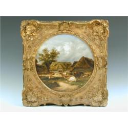 Follower of William Shayer VIEWS OF CATTLE BESIDE A RIVER AND IN FRONT OF BARNS a pair, oil...