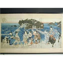 Two Japanese coloured woodblock triptych's, both with defects, one in poor condition, each app...