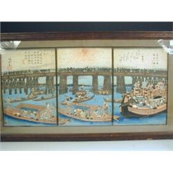 A Japanese coloured woodblock triptych, showing a bridge, with many boats and figures and a fi...