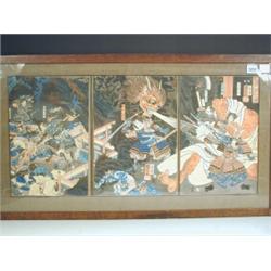 A Japanese coloured woodblock triptych by Kuniyoshi of Samurai Warriors fighting a dragon, 36...