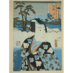 Three Japanese coloured woodblock portrait prints: by Kunisada (Toyo Kuni III) 36 x 25cm, Toyo...
