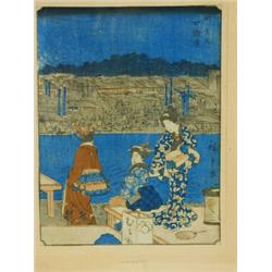 Five various Japanese coloured woodblock prints: (three by Hiroshige, one by Kunisada) various...