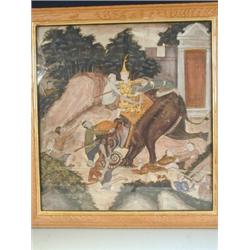 Four Japanese painted scrolls (each now framed) largest 114 x 40cm, an Indian watercolour, 54...