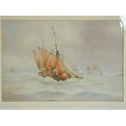 William Stephen Tomkin 'FISHING SMACK OFF YARMOUTH' signed and dated 1917, watercolour, 21...