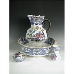 A Masons ironstone jug and basin set, with soap dish and cover and a small vase, retailed by H...