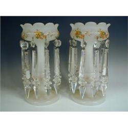 A pair of Victorian glass lustres, with painted floral sprays, 32.5cm Est. 350/400...
