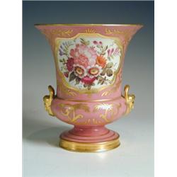A Samson Derby style urn in pink with floral cartouches and gilt, (false printed mark), 17cm<b...