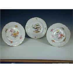 A pair of Berlin plates, each painted with coloured flower sprays, 21.5cm diameter, and a Meis...