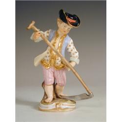 A Meissen figure of a child gardening, blue crossed swords mark and impressed numbers, (hat wi...