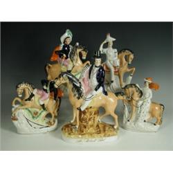 Five various Victorian Staffordshire mounted figures, including Sir Robert Peel, tallest 31cm...