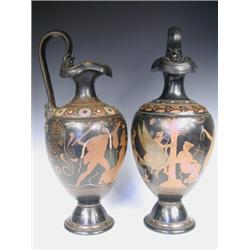 A near pair of large 19th century Greco Roman style ewers, decorated with classical attic red...