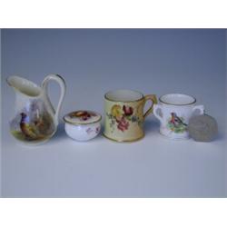 A miniature Worcester jug decorated by JAS Stinton, and three other Worcester miniature wares<...