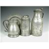 Image 1 : A lidded pewter tankard with a crest, a lidded jug, a quart tankard and a dish, various touch...