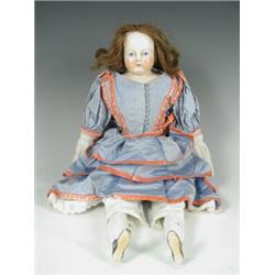 A late Victorian doll, with a glazed china head, arms and legs and gusseted cloth body, 38cm h...