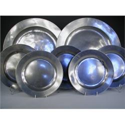 Two late 18th/19th century pewter chargers and five pewter plates, with London touchmarks, 41....