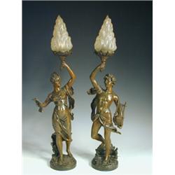 A pair of 19th century French Spelter figural lamps with flaming glass torcheres, 57.5cm Es...