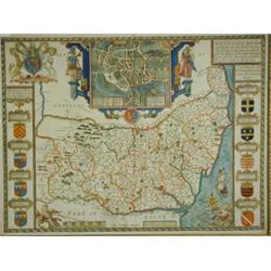 A map of Suffolk by John Speed with coloured detail, 38 x 50cm Est. 70/120...
