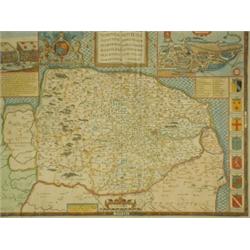 A map of Norfolk by John Speed and Christopher Saxton with coloured detail, 37 x 49cm and A ma...