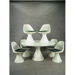 A 1970's Arkana dining table and six chairs, in moulded plastic, marked to base Arkana, Bath,...