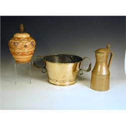 An Arts & Crafts two handled brass jardiniFre, with punched handle decoration, 18cm high, a br...