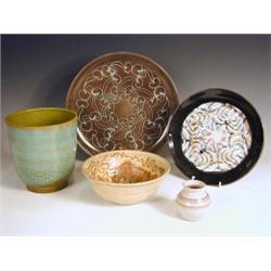 Three Poole pottery items: an 'Aegean' 12.5" plate, signed 'D.D.', an 'Aegean' 10" plate, and...