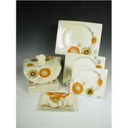 A Clarice Cliff Rhodanthe pattern Biarritz part dinner service comprising a tureen and cover (...