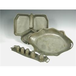 An Osiris pewter dish, an Orivit dish with stylised designs and five Orivit liqueur beakers on...