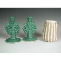 A pair of Carter Stabler Adams Poole pottery candlesticks designed by John Adams, with green v...