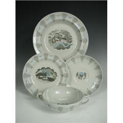 Four items of Wedgwood Travel series by Eric Ravilious: a twin handled soup bowl and saucer, a...