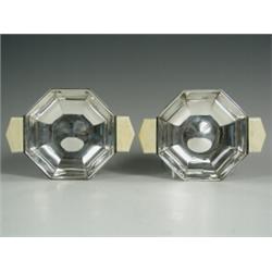 A pair of Art Deco silver dishes, of octagonal form, with ivory handles, makers mark E.V. & S....