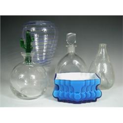 Five pieces of contemporary glass: a decanter with a stopper in the form of a cactus, an Orref...