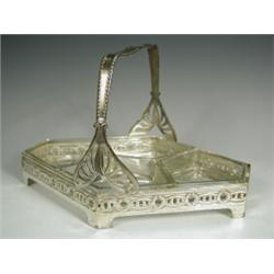 A plated German condiment basket, with four glass sections and a B & G Imperial mark to base,...