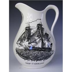 A Grays pottery black printed maritime jug, decorated with ships Caroline and Sally, with a pr...