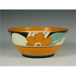 A Clarice Cliff Fantasque bowl in the Floreat pattern, painted on an orange ground, printed ma...