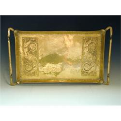 A Keswick School brass tray, with twin handles and two repousse panels, 66 x 39cm Est. 200/...