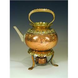 A Benham and Froud brass and copper teapot on stand with burner, designed by Christopher Dress...