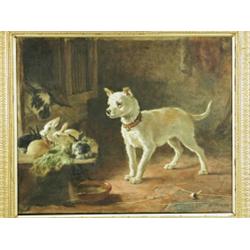 Robert Physick A DOG WATCHING BABY RABBITS FEEDING signed and dated 1864, oil on canvas, 48...
