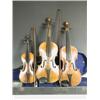 Image 1 : Two old violins with spurious labels, (one with a carved lions head), a bow marked 'J Pikadoul...