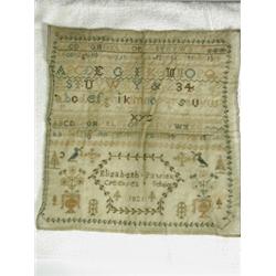 Two 19th century needlework samplers both worked with alphabets and numbers, one with birds an...