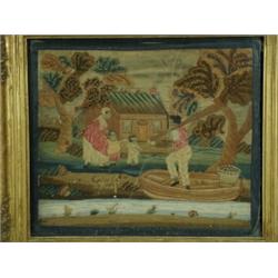 A 19th century woolwork picture depicting a father in a rowing boat returning to his family, 4...