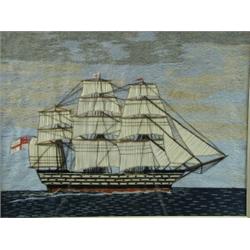 A woolwork picture of a three masted man of war, framed, 62 x 58cm Est. 150/250...